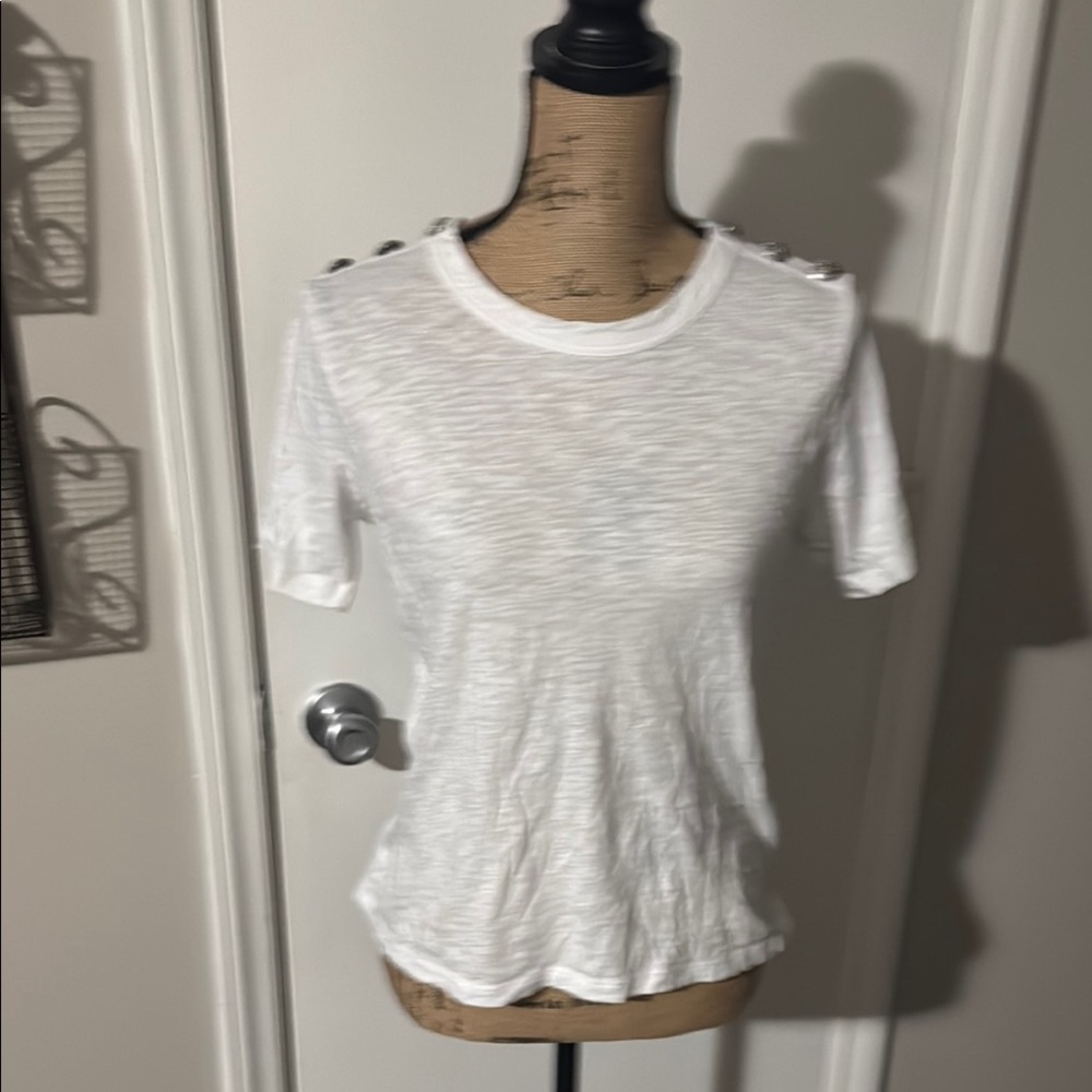 Veronica Beard Carla Crewneck Tee, Short Sleeve, Button-Shoulder Tee in White